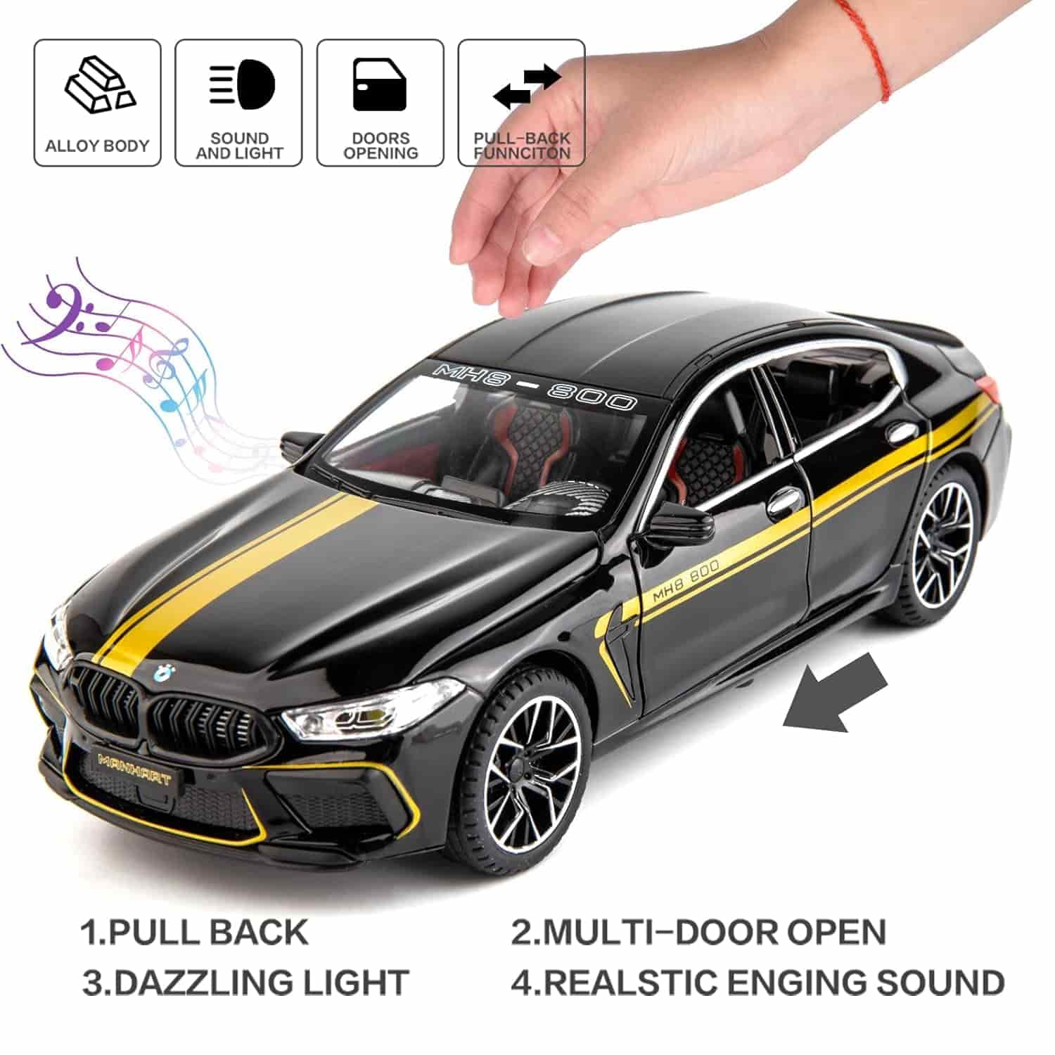 BMW MH8 Toy Car, Alloy Diecast Race Collectible Pull Back Model Car with Sound and Light Toy Vehicle for Boys Gift - Image 3